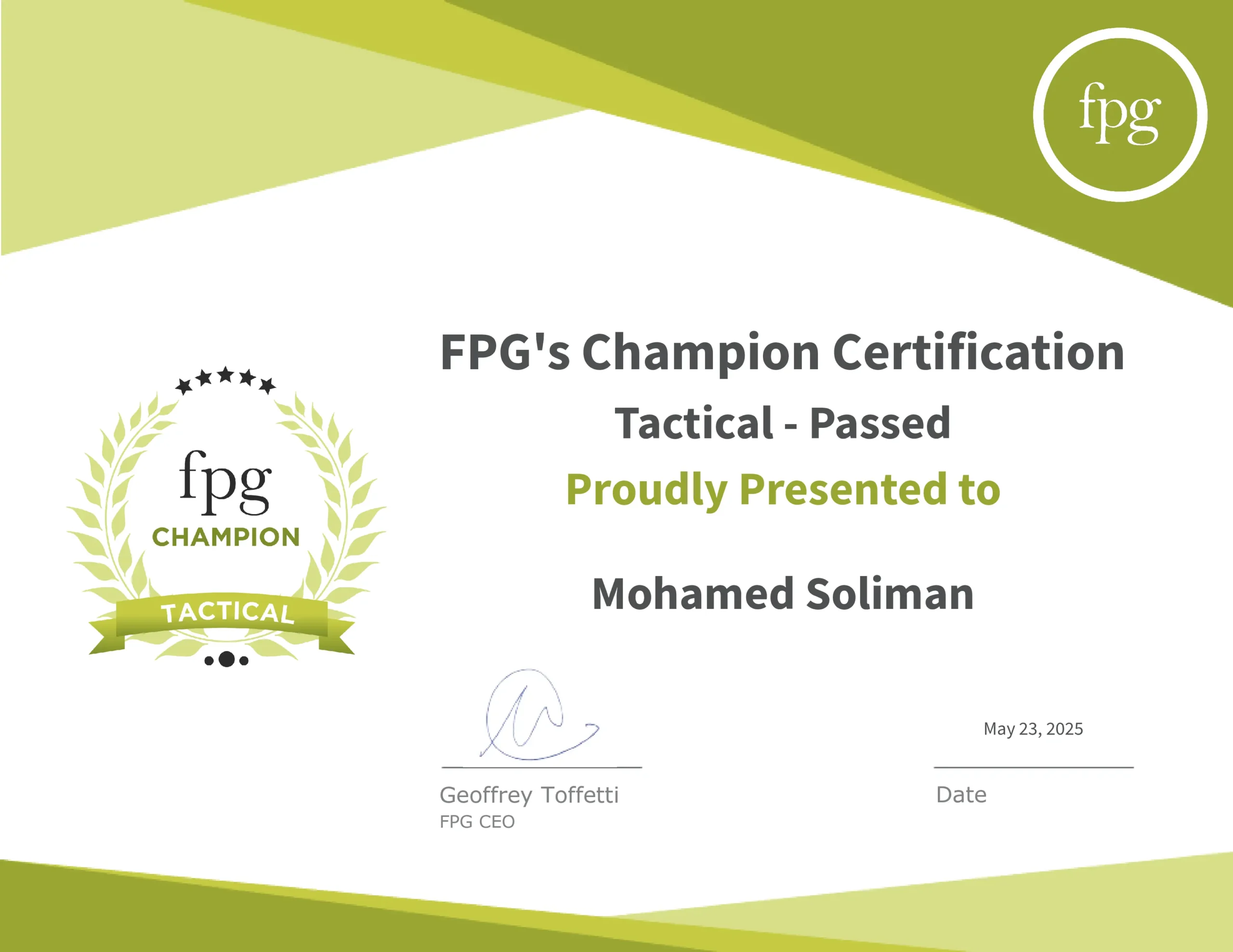 FPG's Champion Certification Tactical Certificate
